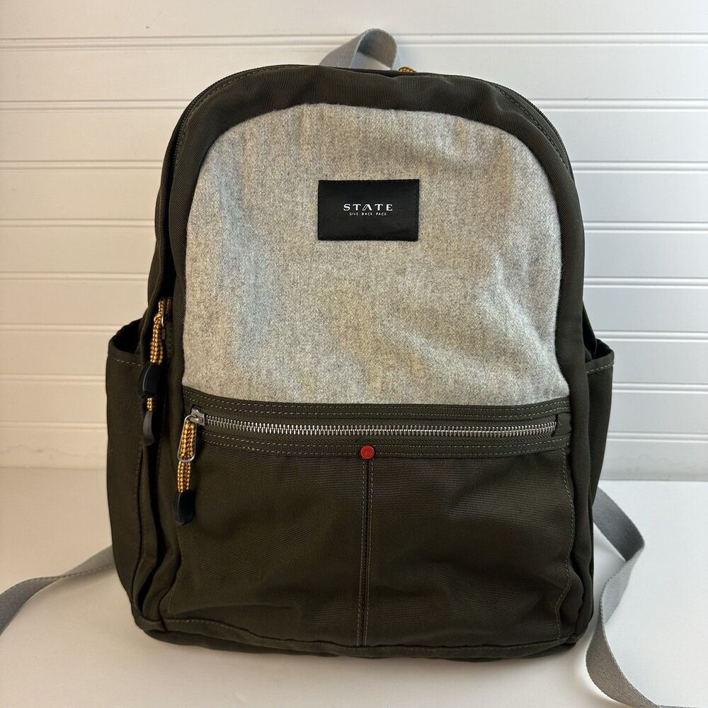 State Backpack Nevins Bag Olive Green Gray Wool Felt Panel Laptop Travel Commute
